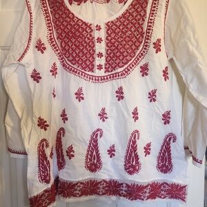 Chic White and Red Embroidered Blouse